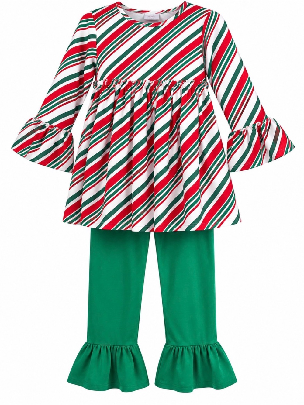 Girls Red, Green & White Candy-Stripe Holiday set. Ruffle Girl
